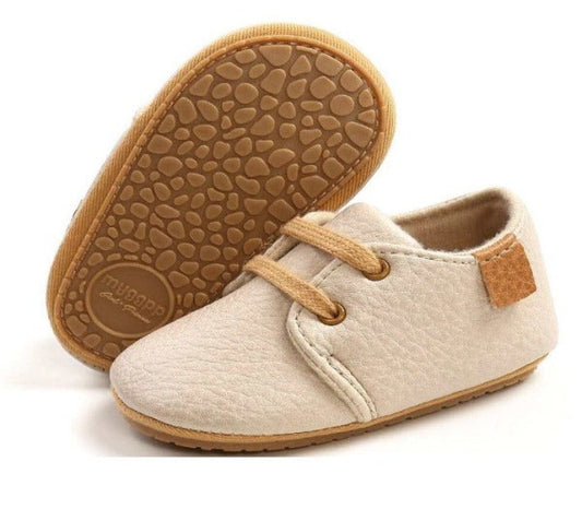 Beige: Baby Boy Leather Shoes with Non-Slip Rubber Sole for Stylish Comfort