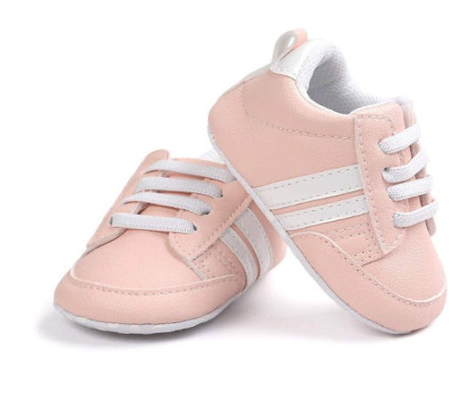 Pink with White Stripes: Non-Slip Soft Sole Baby Girl Sneakers for Stylish Adventures